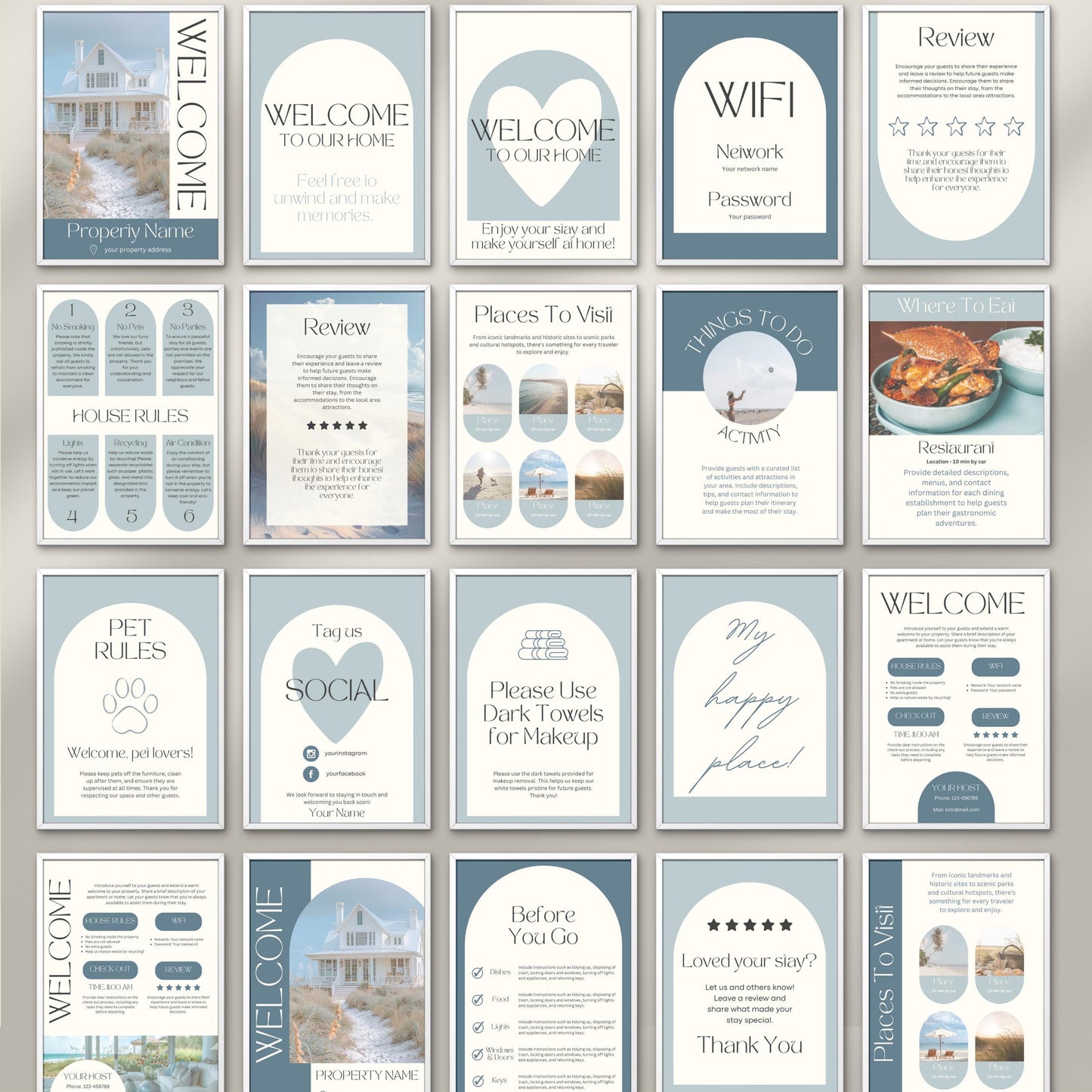 A neatly arranged collage of 20 minimalist Airbnb welcome signs. The overall aesthetic is clean, professional, and inviting—ideal for vacation rental hosts aiming to provide a warm, well-organized welcome.