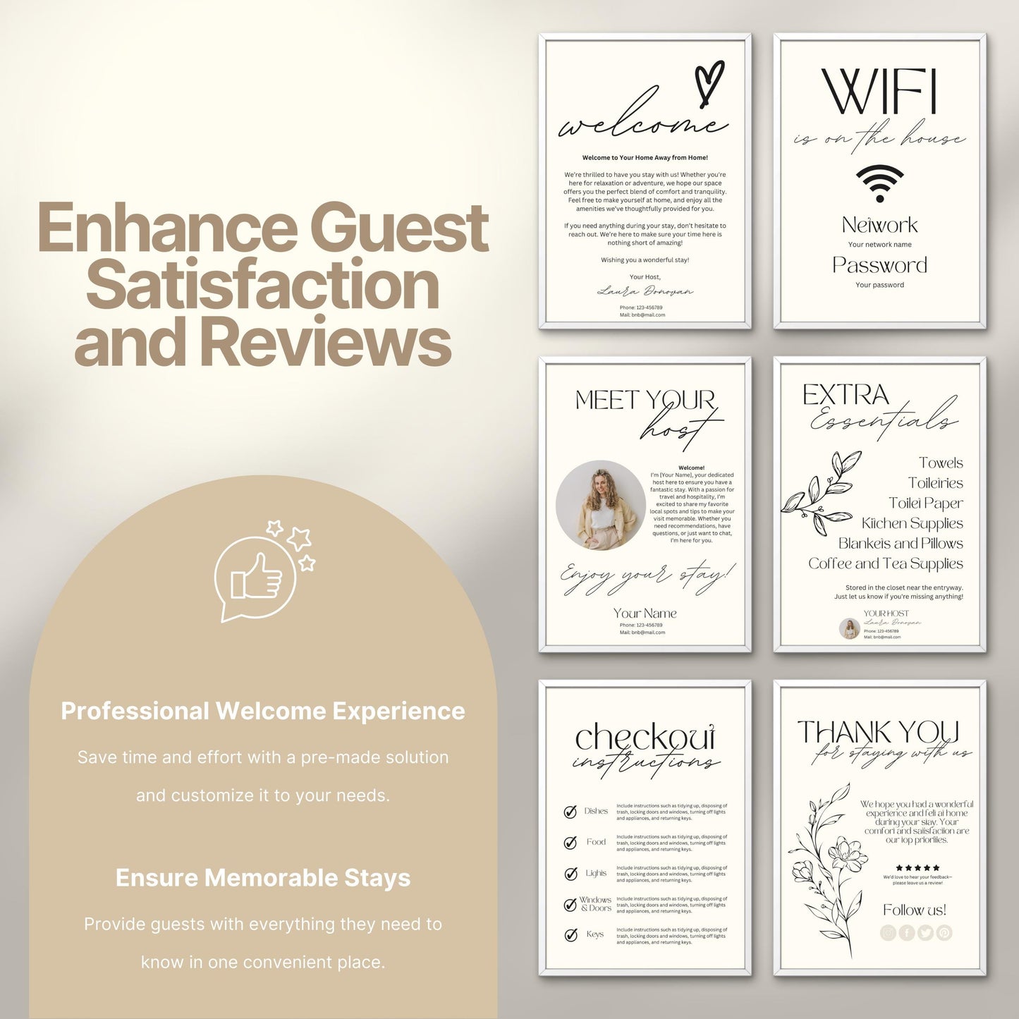 Promotional image titled "Enhance Guest Satisfaction and Reviews," featuring six professionally designed Airbnb welcome signs.