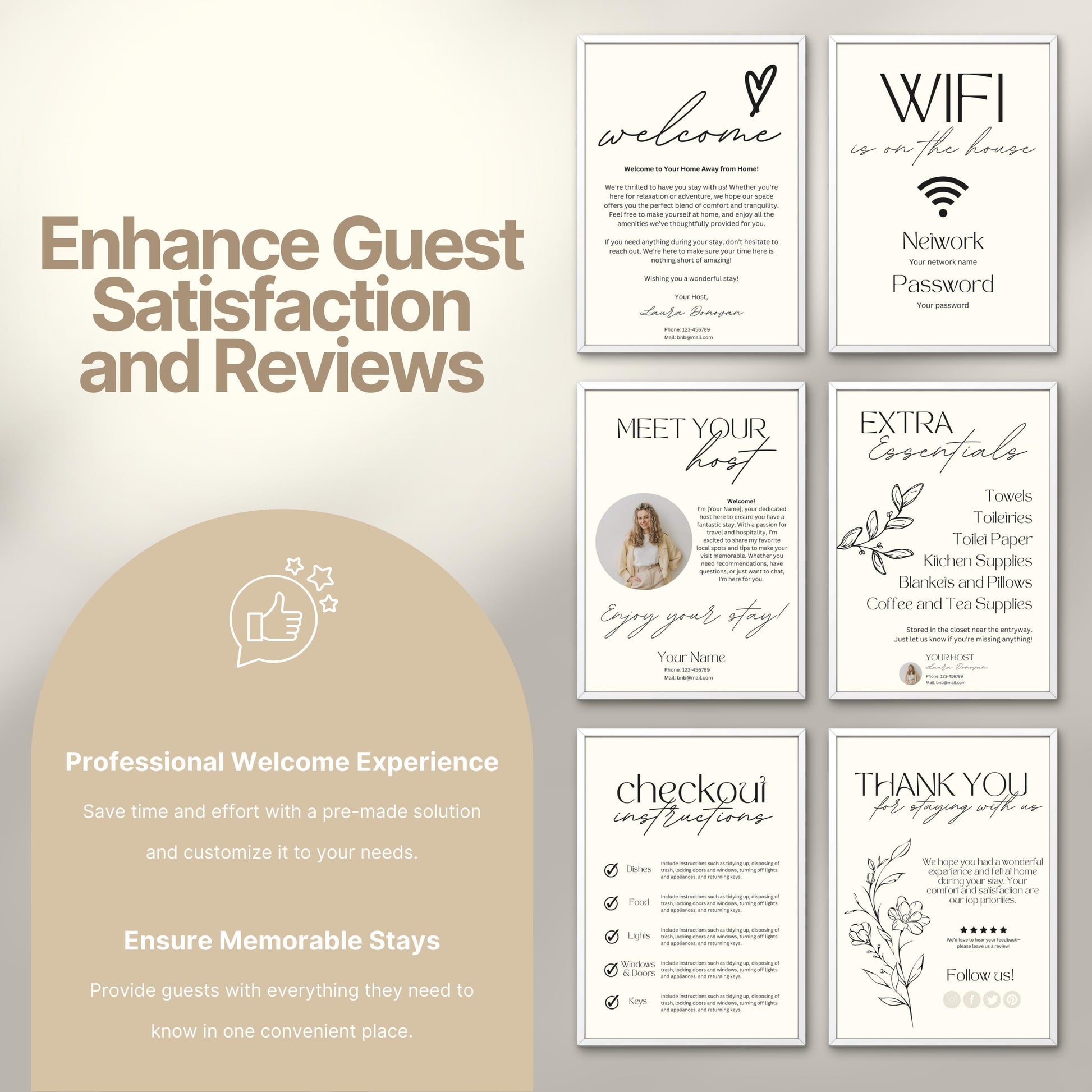Promotional image titled "Enhance Guest Satisfaction and Reviews," featuring six professionally designed Airbnb welcome signs.