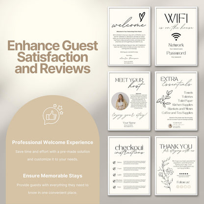 Promotional image titled "Enhance Guest Satisfaction and Reviews," featuring six professionally designed Airbnb welcome signs.