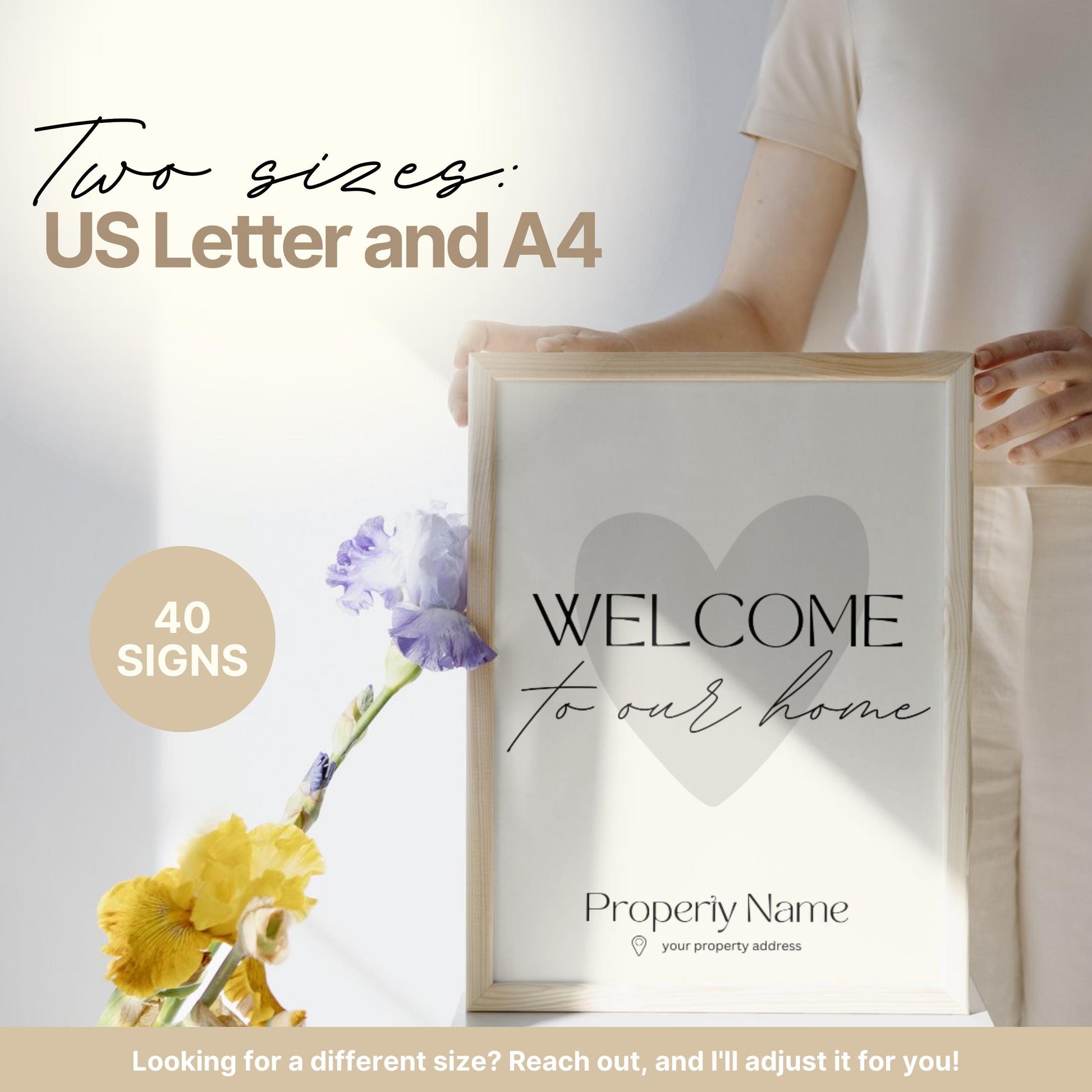 Promotional image for an Airbnb welcome sign bundle . Text highlights that the bundle includes 40 signs in two sizes: US Letter and A4, with a note offering custom sizing upon request.