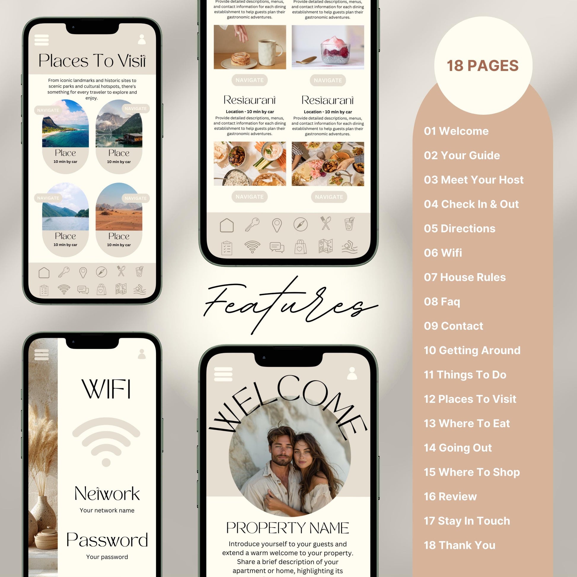 Digital welcome book preview displayed on four smartphone screens, showcasing a mobile-friendly Airbnb or short-term rental guide. The interface features beautifully designed sections such as “Welcome,” “WiFi Info,” “Places to Visit,” and “Where to Eat,” with intuitive icons and “Navigate” buttons.