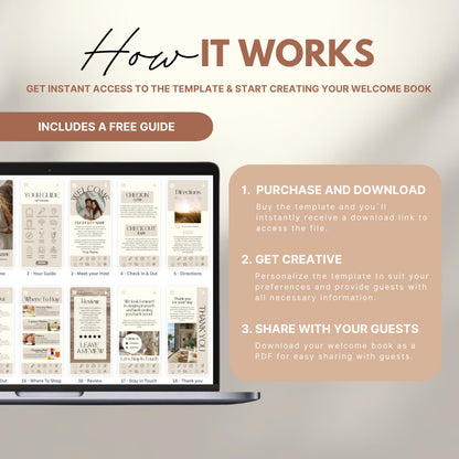 A promotional image explains how to use a digital Airbnb welcome book template. The text reads "How It Works" with a subheading, "Get instant access to the template & start creating your welcome book." A laptop displays thumbnails of different template pages. Three steps are highlighted in a peach-colored box: 1) Purchase and download, 2) Get creative by personalizing, and 3) Share with your guests as a PDF.
