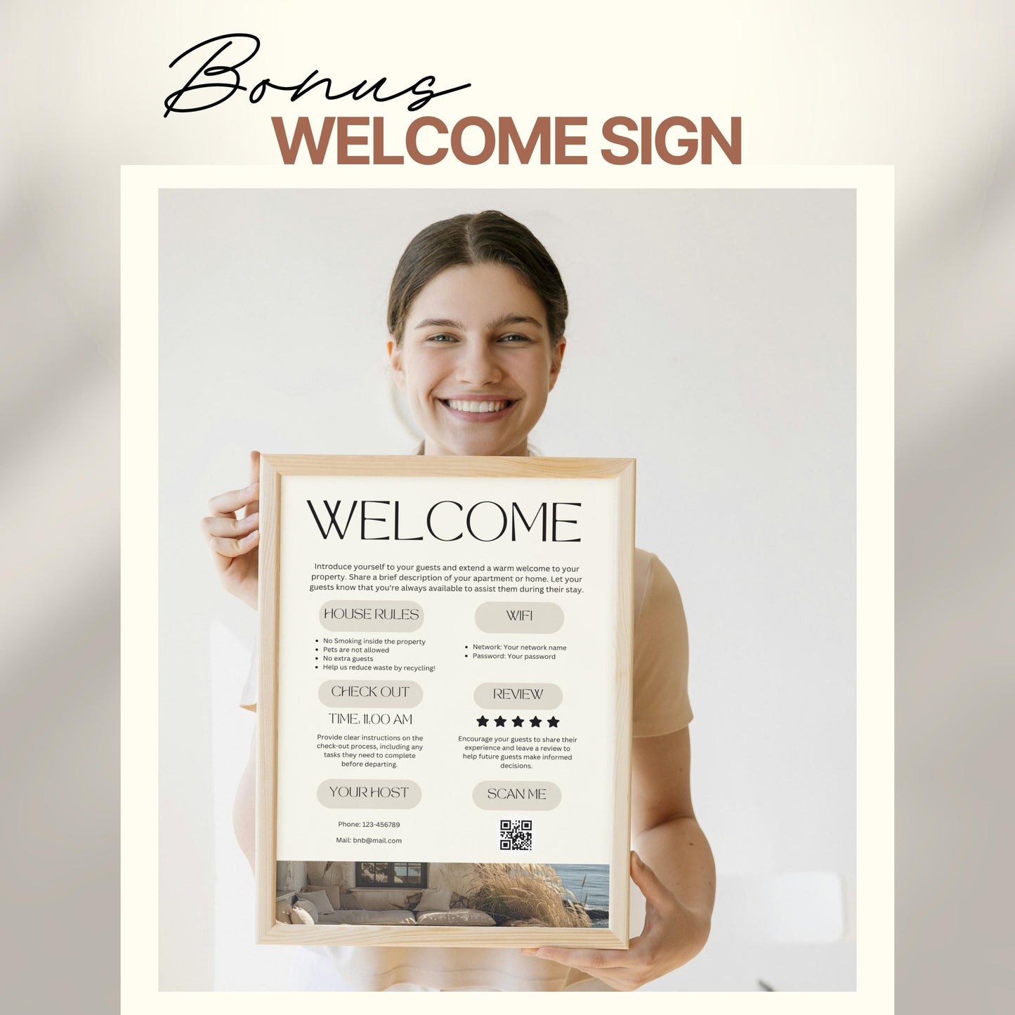 A smiling woman holds a framed "Welcome" sign designed for Airbnb or short-term rental guests. The sign includes sections for house rules, WiFi details, check-out time, review encouragement, and host contact information.