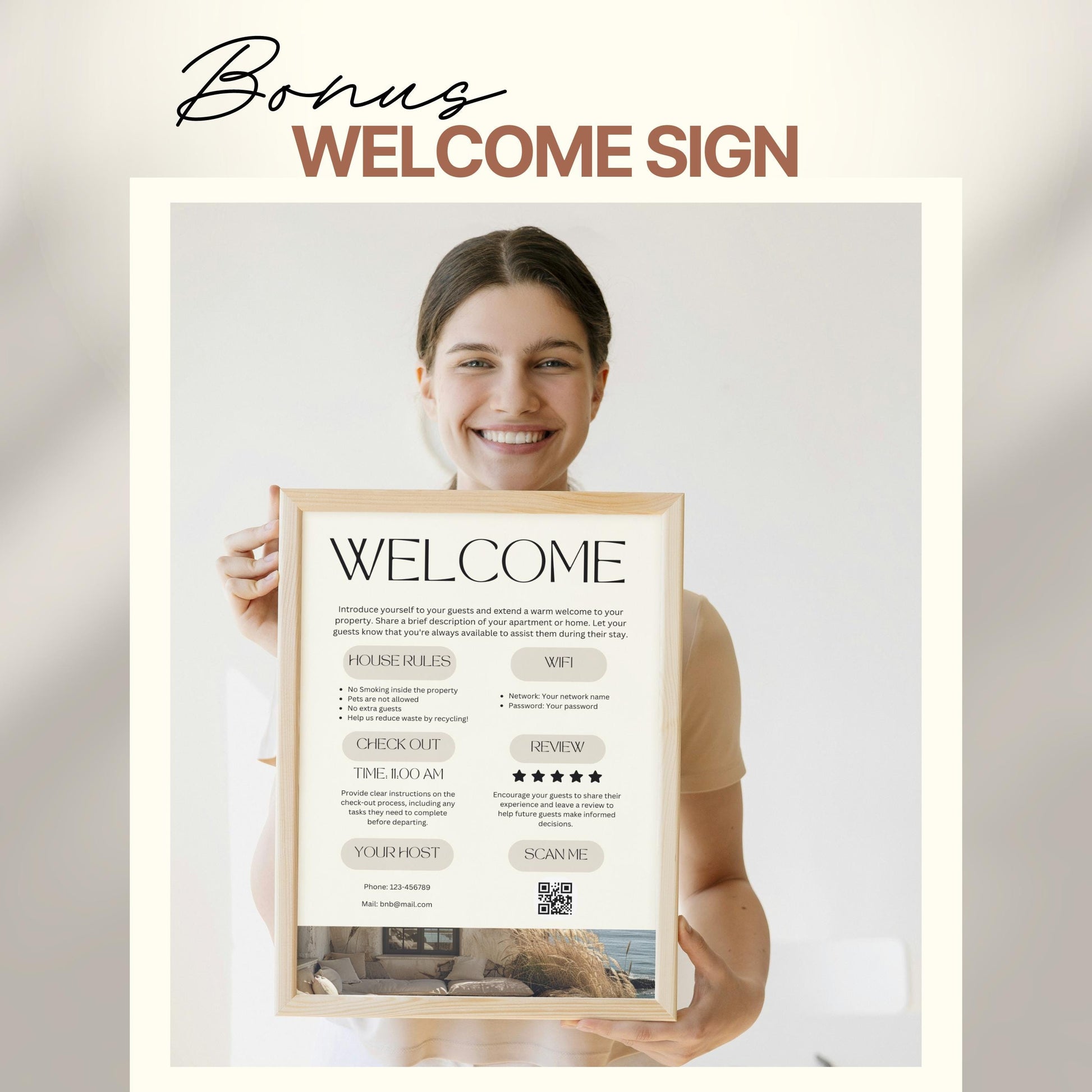 A smiling woman holds a framed "Welcome" sign designed for Airbnb or short-term rental guests. The sign includes sections for house rules, WiFi details, check-out time, review encouragement, and host contact information.