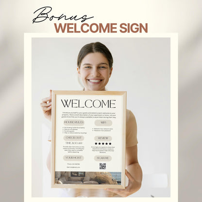 A smiling woman holds a framed "Welcome" sign designed for Airbnb or short-term rental guests. The sign includes sections for house rules, WiFi details, check-out time, review encouragement, and host contact information.