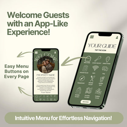Promotional graphic showing a digital Airbnb welcome guide designed to mimic a mobile app. 