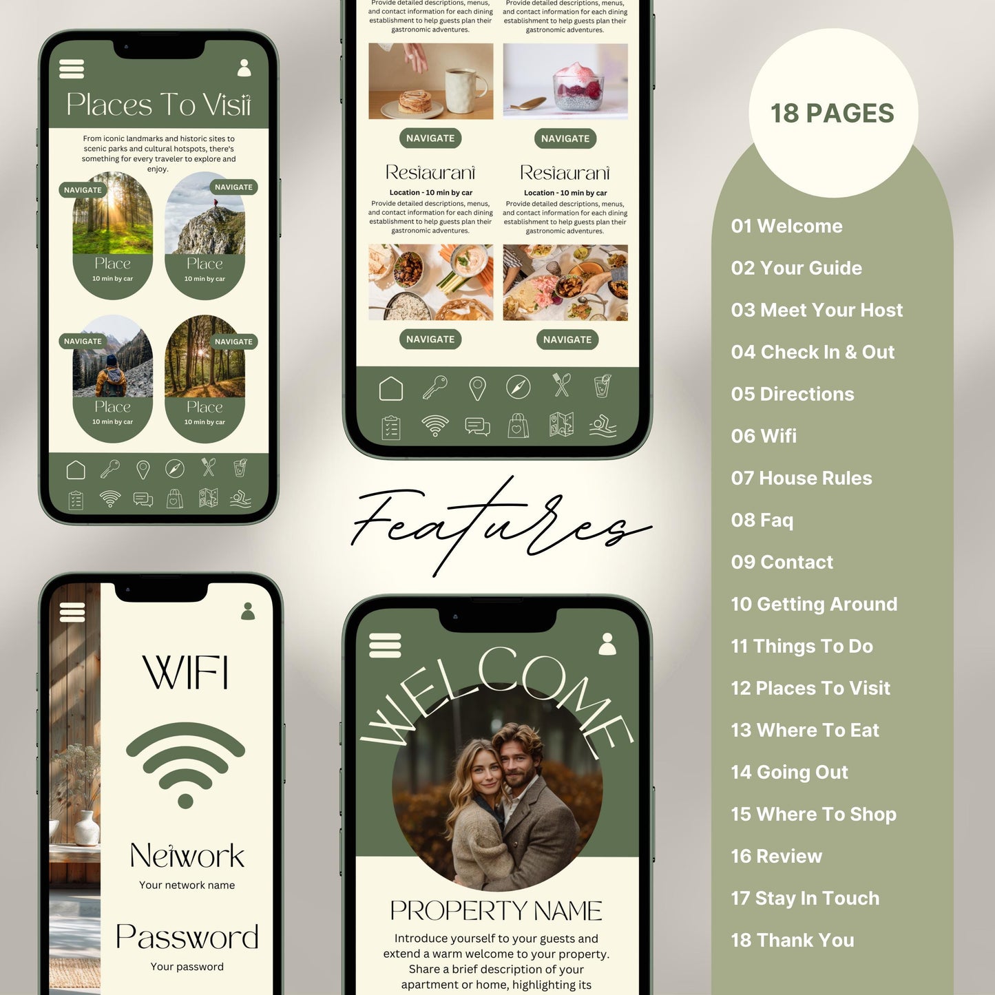 Digital welcome book preview displayed on four smartphone screens, showcasing a mobile-friendly Airbnb or short-term rental guide. The interface features beautifully designed sections such as “Welcome,” “WiFi Info,” “Places to Visit,” and “Where to Eat,” with intuitive icons and “Navigate” buttons.