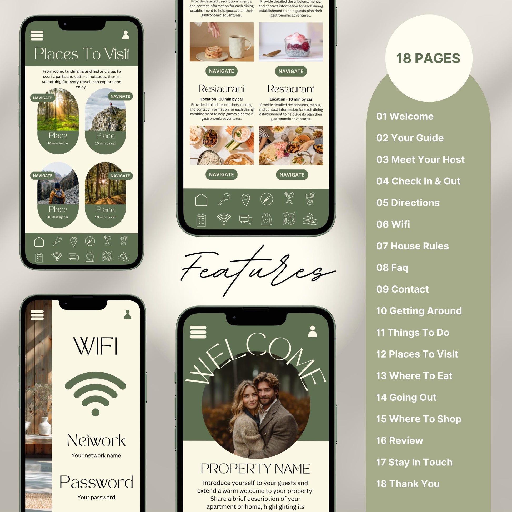 Digital welcome book preview displayed on four smartphone screens, showcasing a mobile-friendly Airbnb or short-term rental guide. The interface features beautifully designed sections such as “Welcome,” “WiFi Info,” “Places to Visit,” and “Where to Eat,” with intuitive icons and “Navigate” buttons.