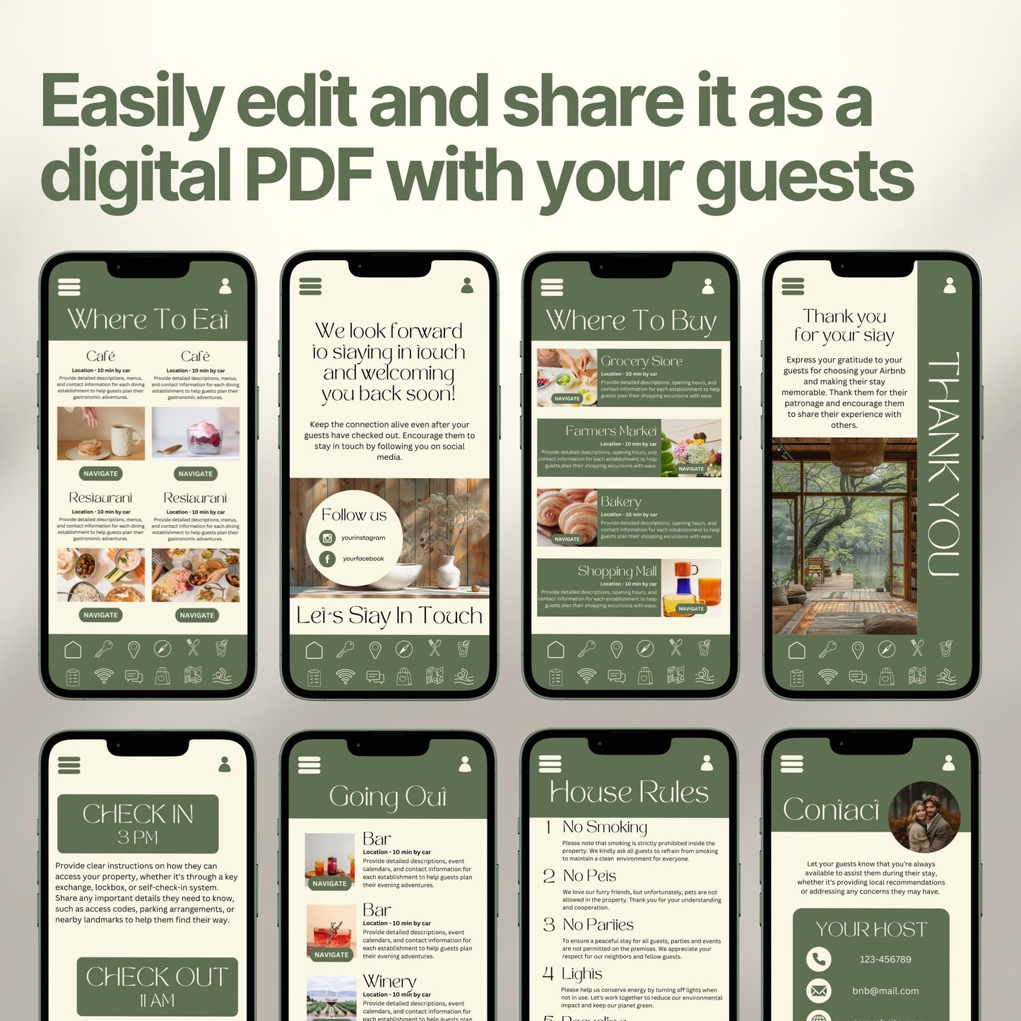 Smartphones display various pages of a digital Airbnb welcome book. The top header reads, "Easily edit and share it as a digital PDF with your guests," emphasizing customization and digital sharing convenience.