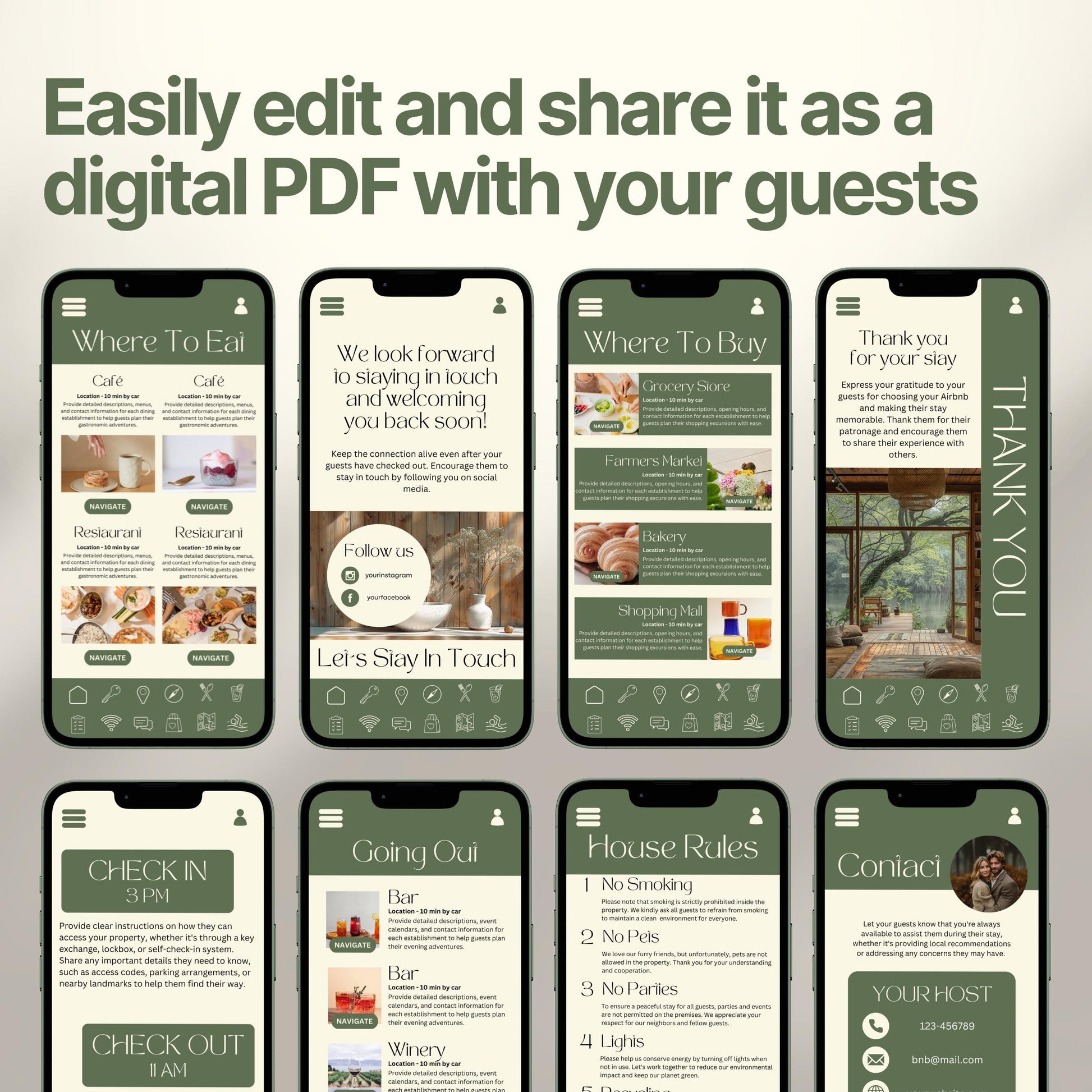 Smartphones display various pages of a digital Airbnb welcome book. The top header reads, "Easily edit and share it as a digital PDF with your guests," emphasizing customization and digital sharing convenience.