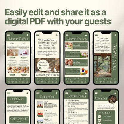 Smartphones display various pages of a digital Airbnb welcome book. The top header reads, "Easily edit and share it as a digital PDF with your guests," emphasizing customization and digital sharing convenience.
