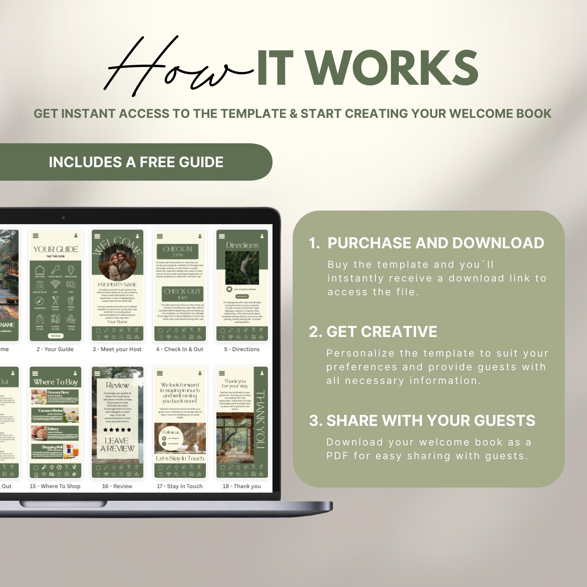 A promotional image explains how to use a digital Airbnb welcome book template. The text reads "How It Works" with a subheading, "Get instant access to the template & start creating your welcome book." A laptop displays thumbnails of different template pages. Three steps are highlighted in a peach-colored box: 1) Purchase and download, 2) Get creative by personalizing, and 3) Share with your guests as a PDF.