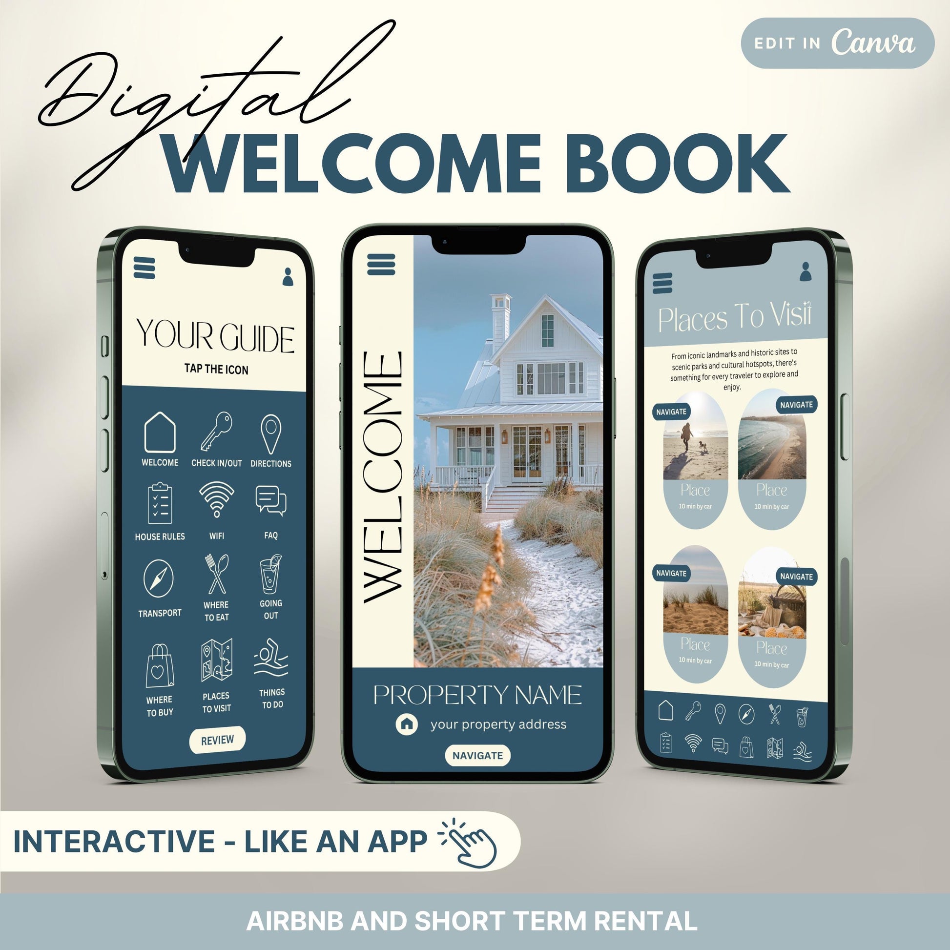 A promotional image for a digital Airbnb Welcome Book template, designed to look and function like an app.
