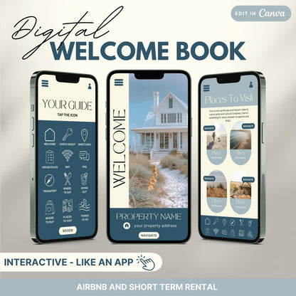 A promotional image for a digital Airbnb Welcome Book template, designed to look and function like an app.