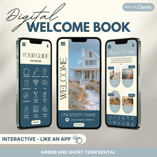 A promotional image for a digital Airbnb Welcome Book template, designed to look and function like an app.