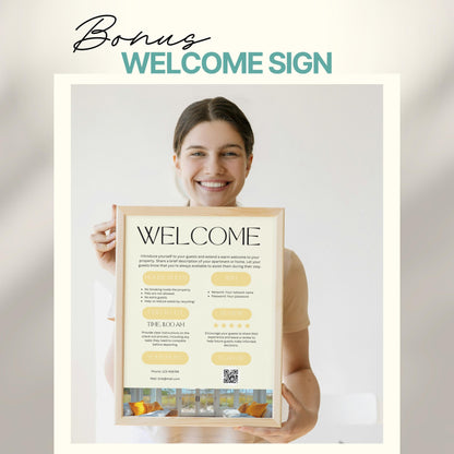A smiling woman holds a framed "Welcome" sign designed for Airbnb or short-term rental guests. The sign includes sections for house rules, WiFi details, check-out time, review encouragement, and host contact information.