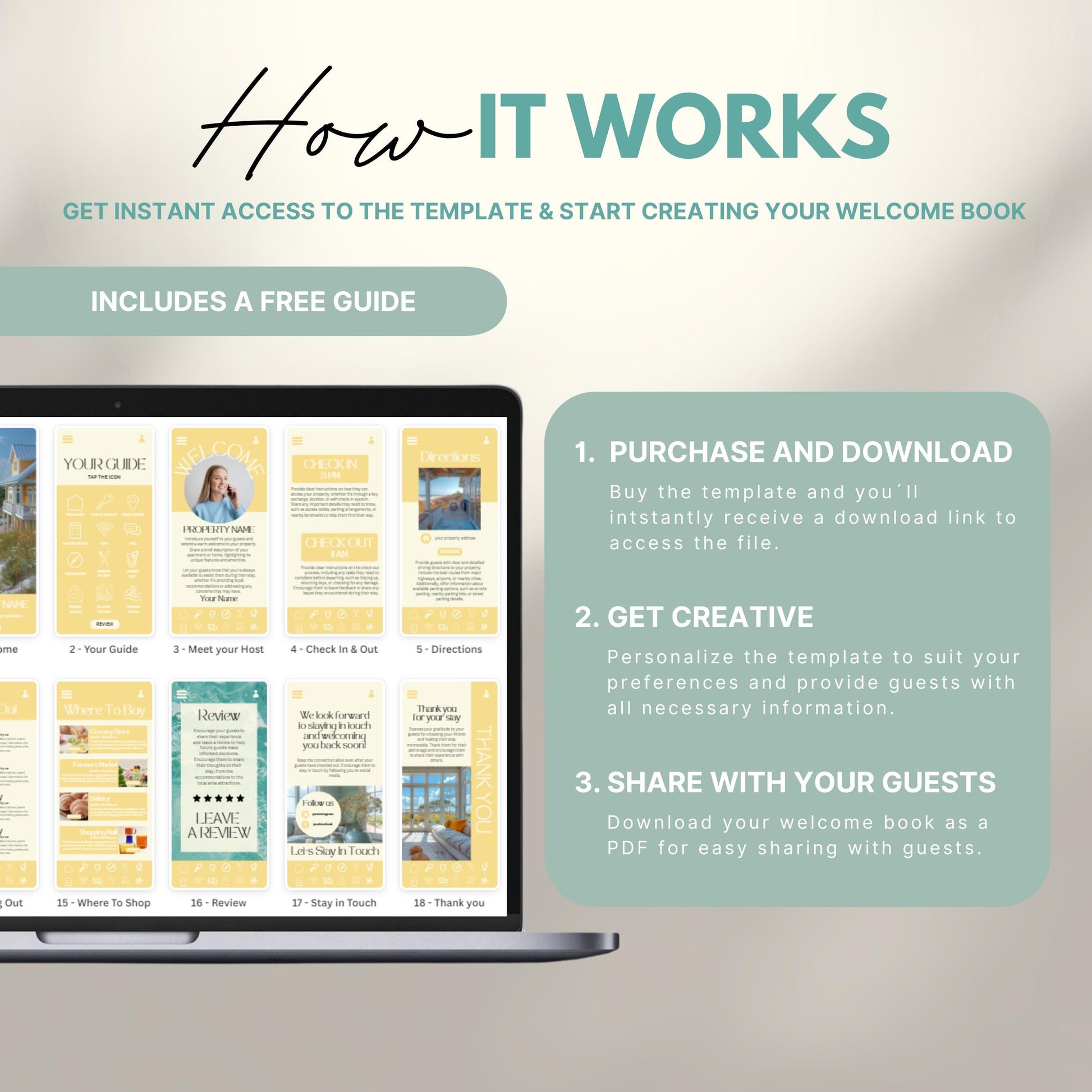 A promotional image explains how to use a digital Airbnb welcome book template. The text reads "How It Works" with a subheading, "Get instant access to the template & start creating your welcome book." A laptop displays thumbnails of different template pages. Three steps are highlighted in a peach-colored box: 1) Purchase and download, 2) Get creative by personalizing, and 3) Share with your guests as a PDF.