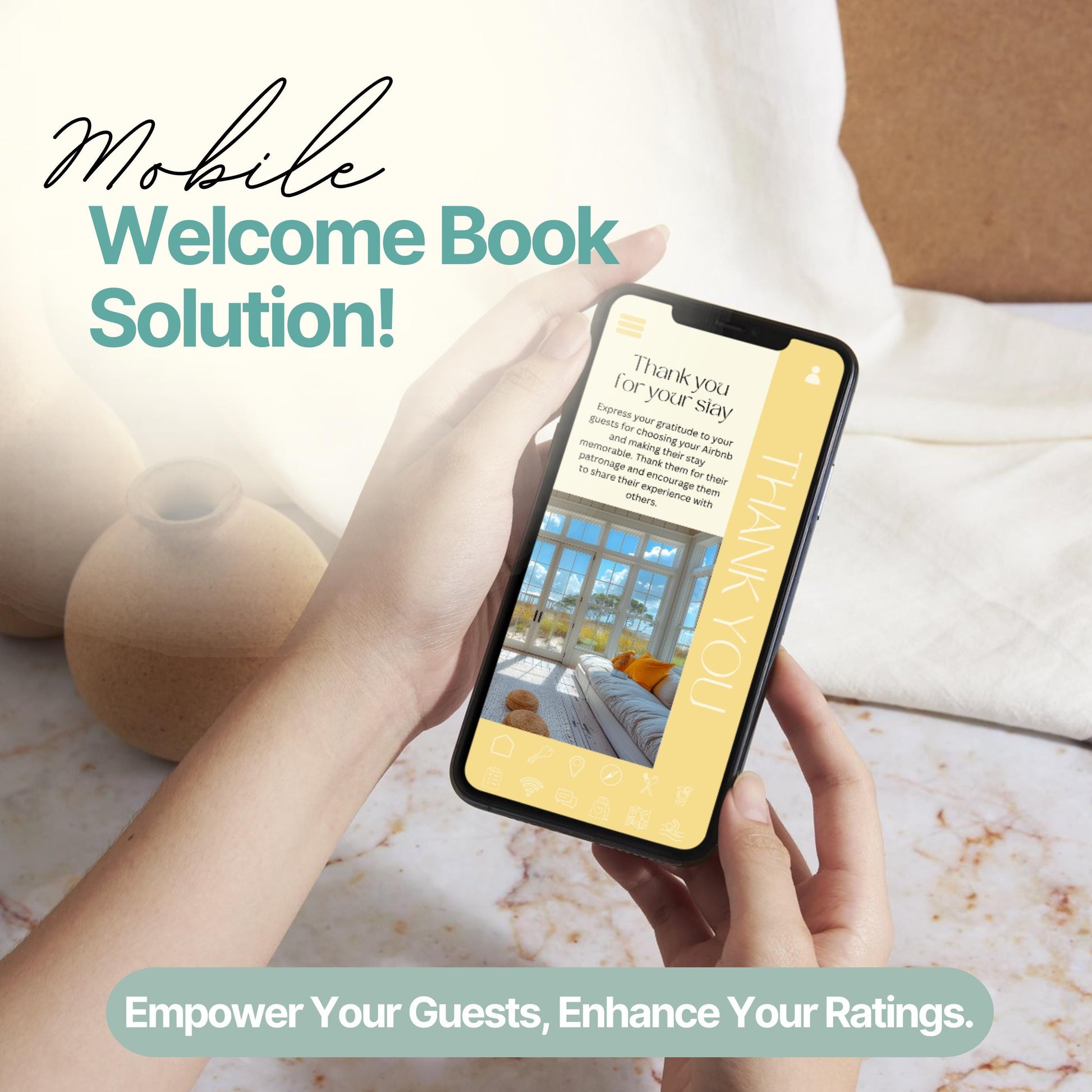 A person holds a smartphone displaying a digital Airbnb welcome book page with a "Thank You" message and a photo of a cozy outdoor seating area. The screen features an easy-to-navigate menu bar at the bottom with icons for various guest resources.