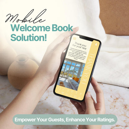 A person holds a smartphone displaying a digital Airbnb welcome book page with a "Thank You" message and a photo of a cozy outdoor seating area. The screen features an easy-to-navigate menu bar at the bottom with icons for various guest resources.