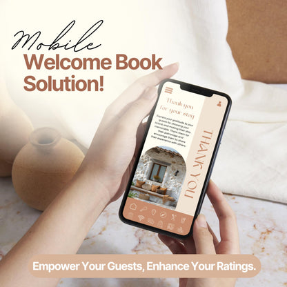 A person holds a smartphone displaying a digital Airbnb welcome book page with a "Thank You" message and a photo of a cozy outdoor seating area. The screen features an easy-to-navigate menu bar at the bottom with icons for various guest resources.