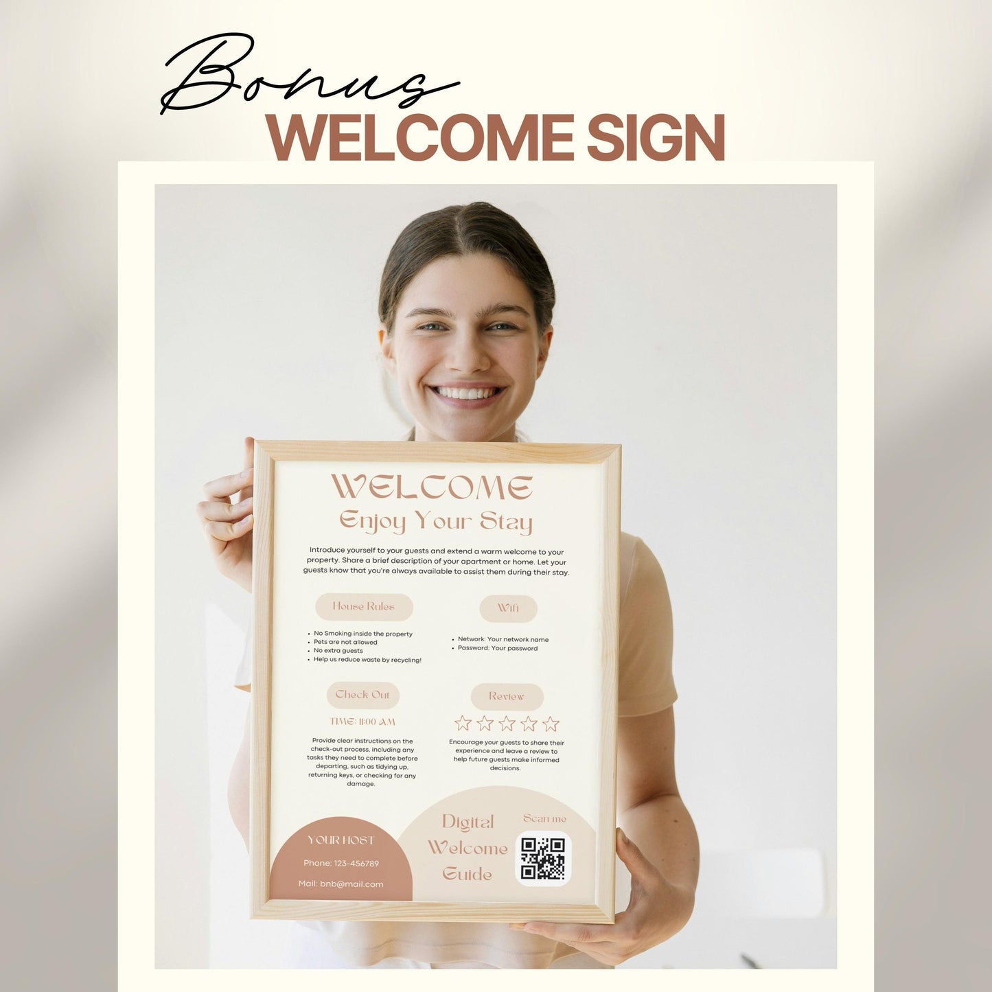 A smiling woman holds a framed "Welcome" sign designed for Airbnb or short-term rental guests. The sign includes sections for house rules, WiFi details, check-out time, review encouragement, and host contact information.