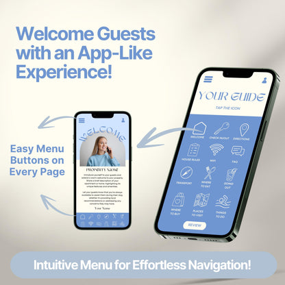 Promotional graphic showing a digital Airbnb welcome guide designed to mimic a mobile app. 