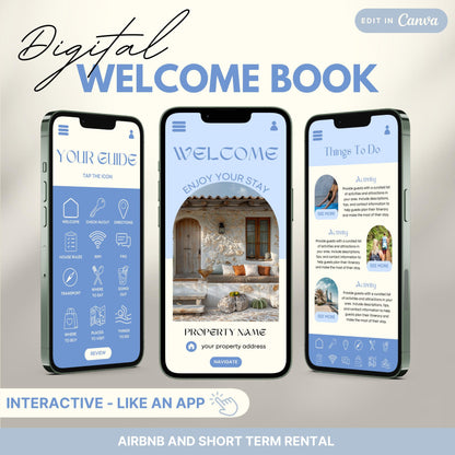A promotional image for a digital Airbnb Welcome Book template, designed to look and function like an app.