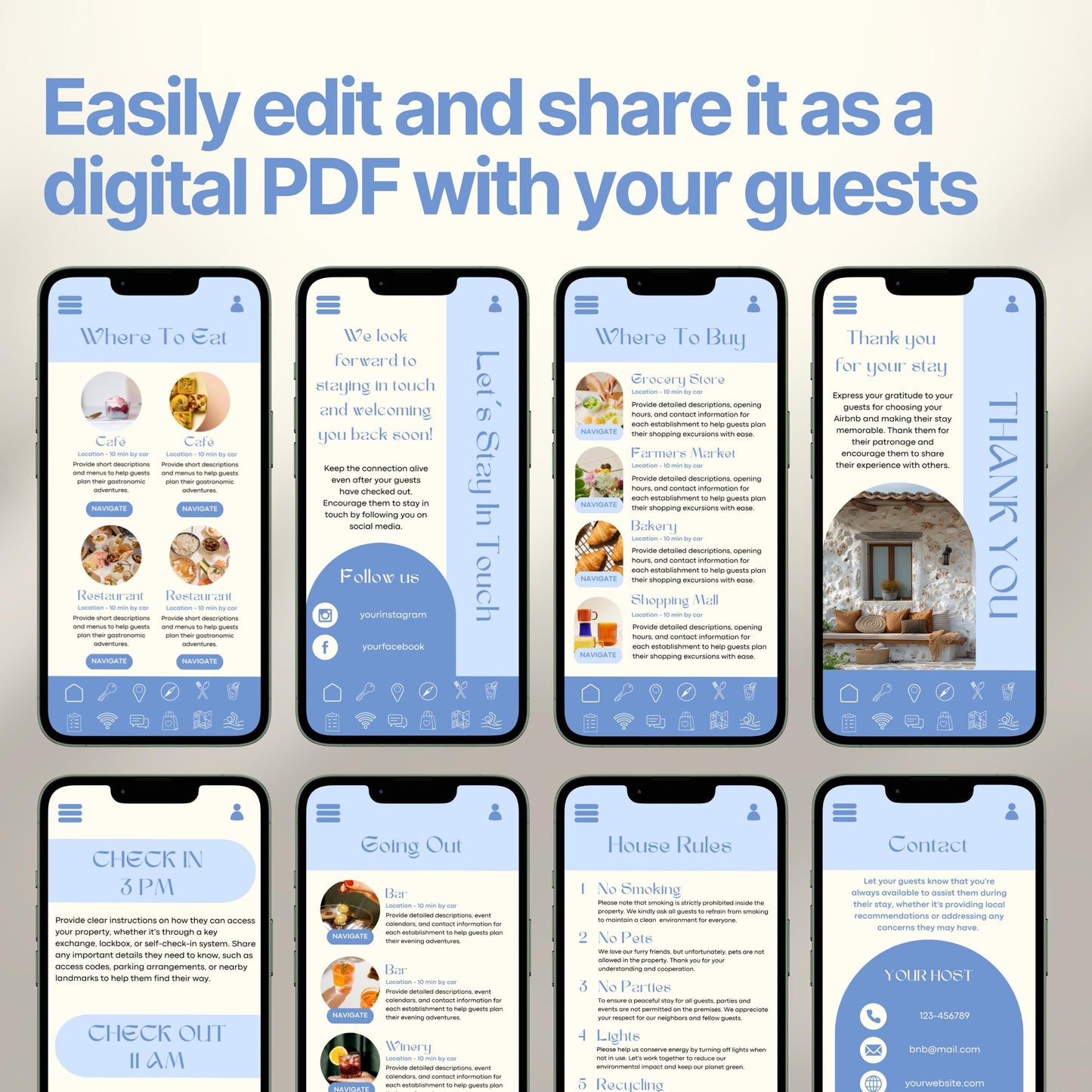 Smartphones display various pages of a digital Airbnb welcome book. The top header reads, "Easily edit and share it as a digital PDF with your guests," emphasizing customization and digital sharing convenience.