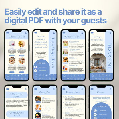 Smartphones display various pages of a digital Airbnb welcome book. The top header reads, "Easily edit and share it as a digital PDF with your guests," emphasizing customization and digital sharing convenience.