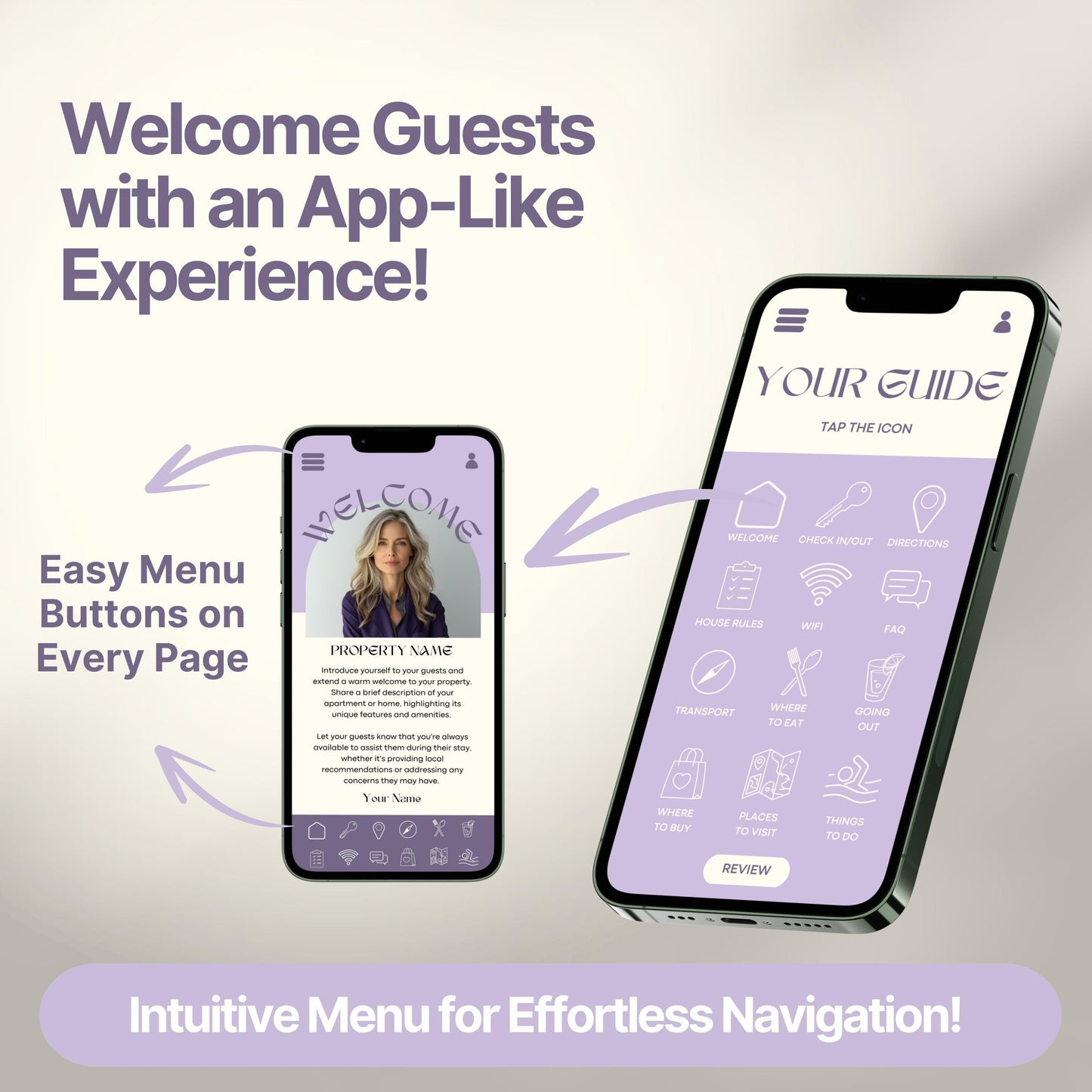 Promotional graphic showing a digital Airbnb welcome guide designed to mimic a mobile app. 