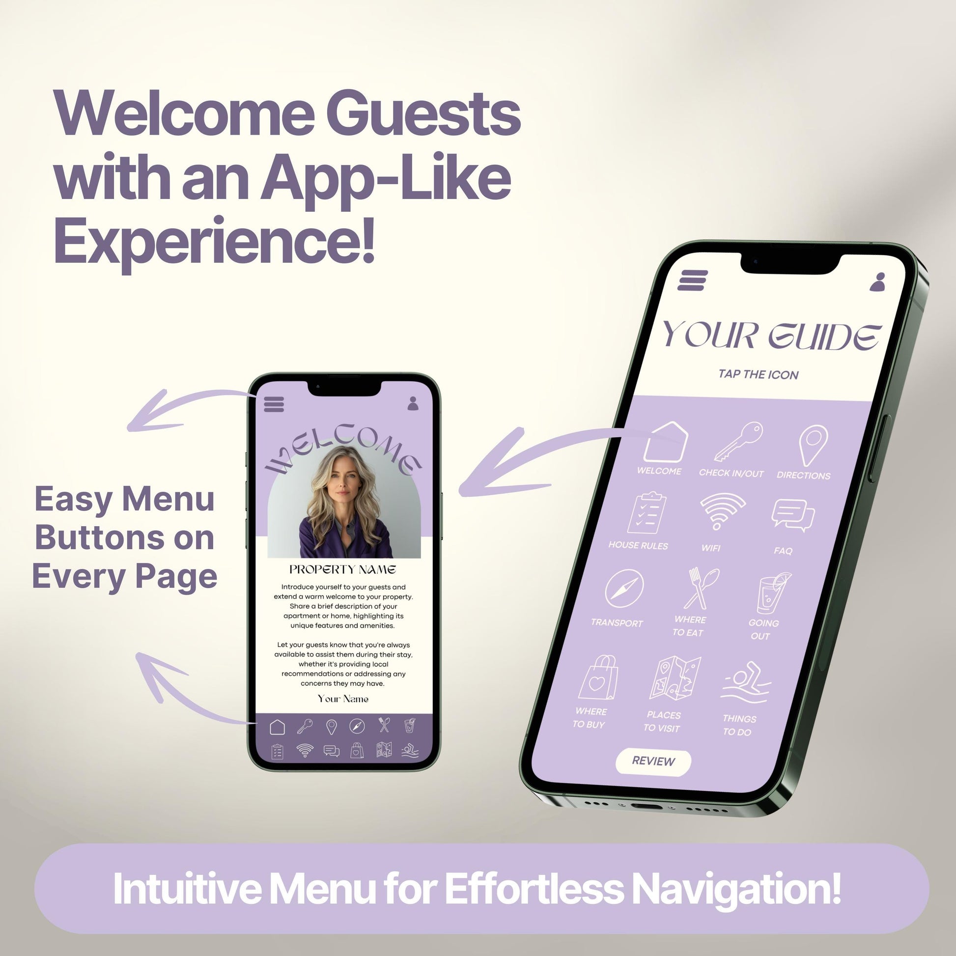 Promotional graphic showing a digital Airbnb welcome guide designed to mimic a mobile app. 