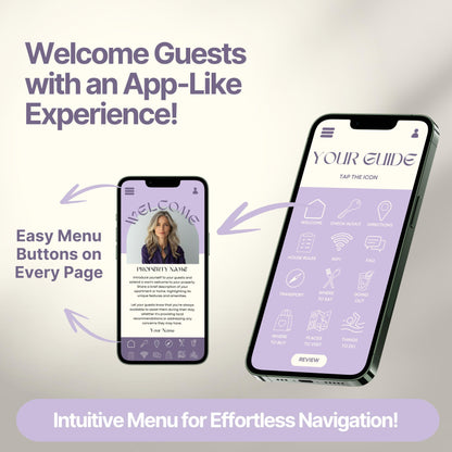 Promotional graphic showing a digital Airbnb welcome guide designed to mimic a mobile app. 