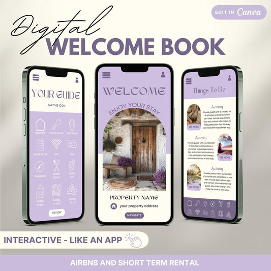 A promotional image for a digital Airbnb Welcome Book template, designed to look and function like an app.