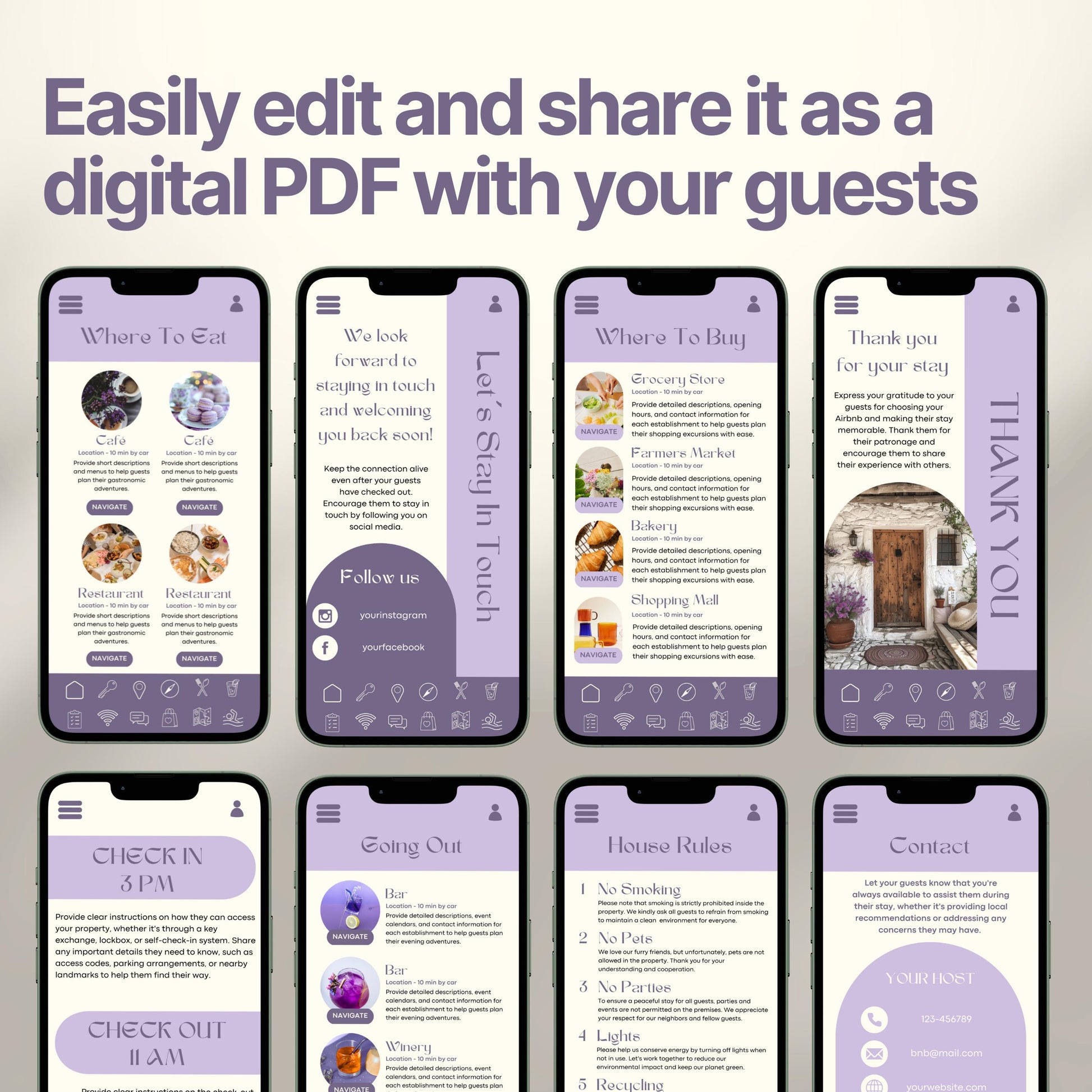 Smartphones display various pages of a digital Airbnb welcome book. The top header reads, "Easily edit and share it as a digital PDF with your guests," emphasizing customization and digital sharing convenience.
