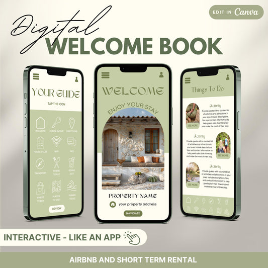 A promotional image for a digital Airbnb Welcome Book template, designed to look and function like an app.