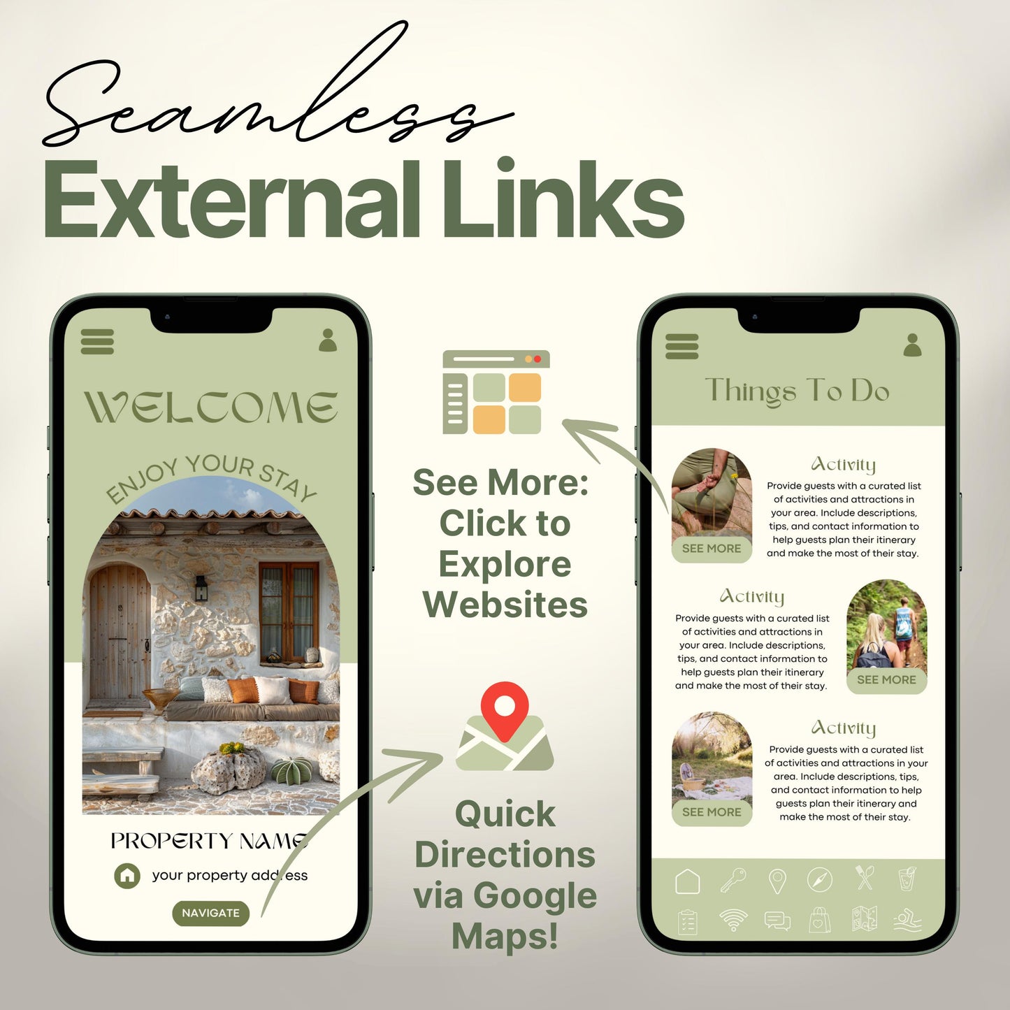 Arrows and icons highlight features like "See More: Click to Explore Websites" and "Quick Directions via Google Maps!" The design emphasizes seamless integration of external links for an interactive guest experience.