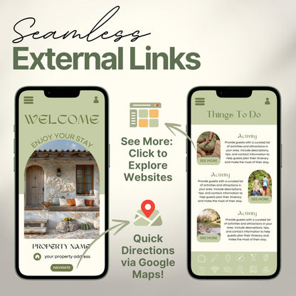 Arrows and icons highlight features like "See More: Click to Explore Websites" and "Quick Directions via Google Maps!" The design emphasizes seamless integration of external links for an interactive guest experience.