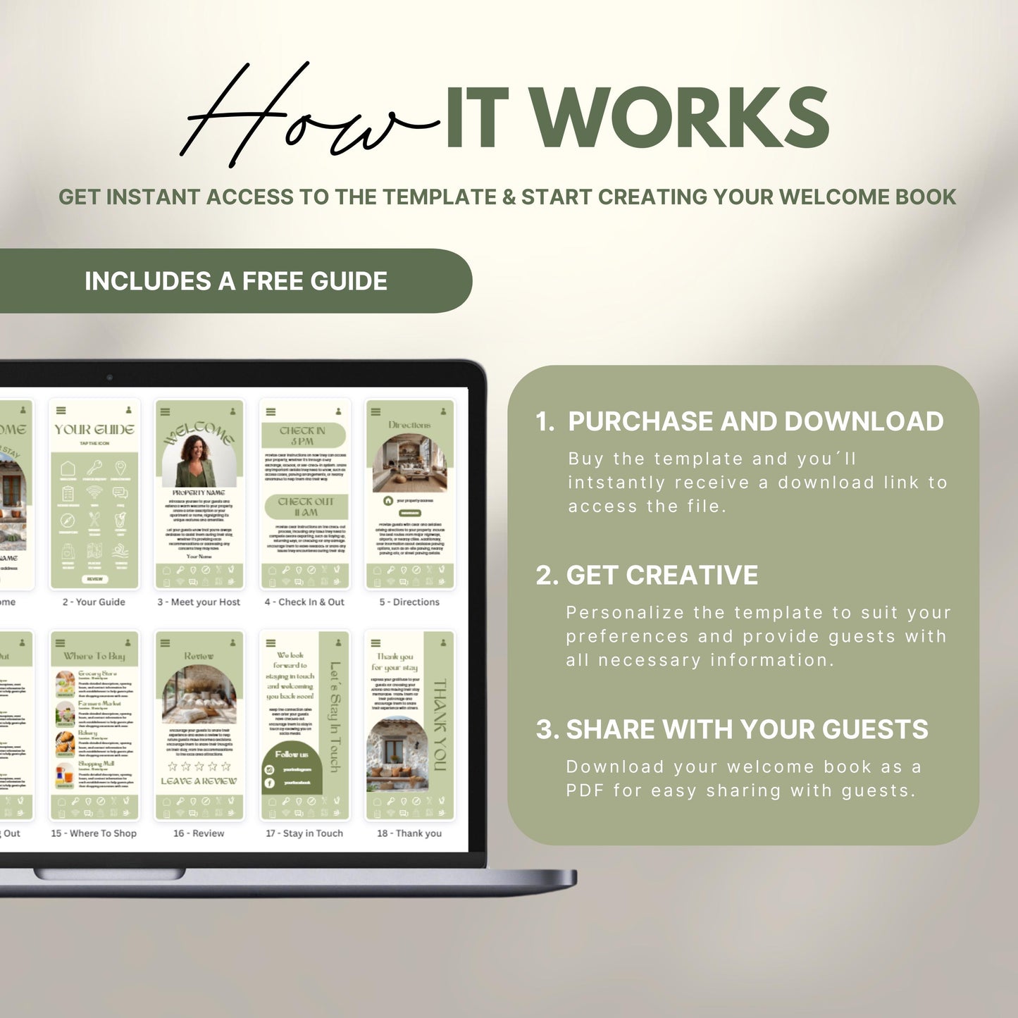 A promotional image explains how to use a digital Airbnb welcome book template. The text reads "How It Works" with a subheading, "Get instant access to the template & start creating your welcome book." A laptop displays thumbnails of different template pages. Three steps are highlighted in a peach-colored box: 1) Purchase and download, 2) Get creative by personalizing, and 3) Share with your guests as a PDF.