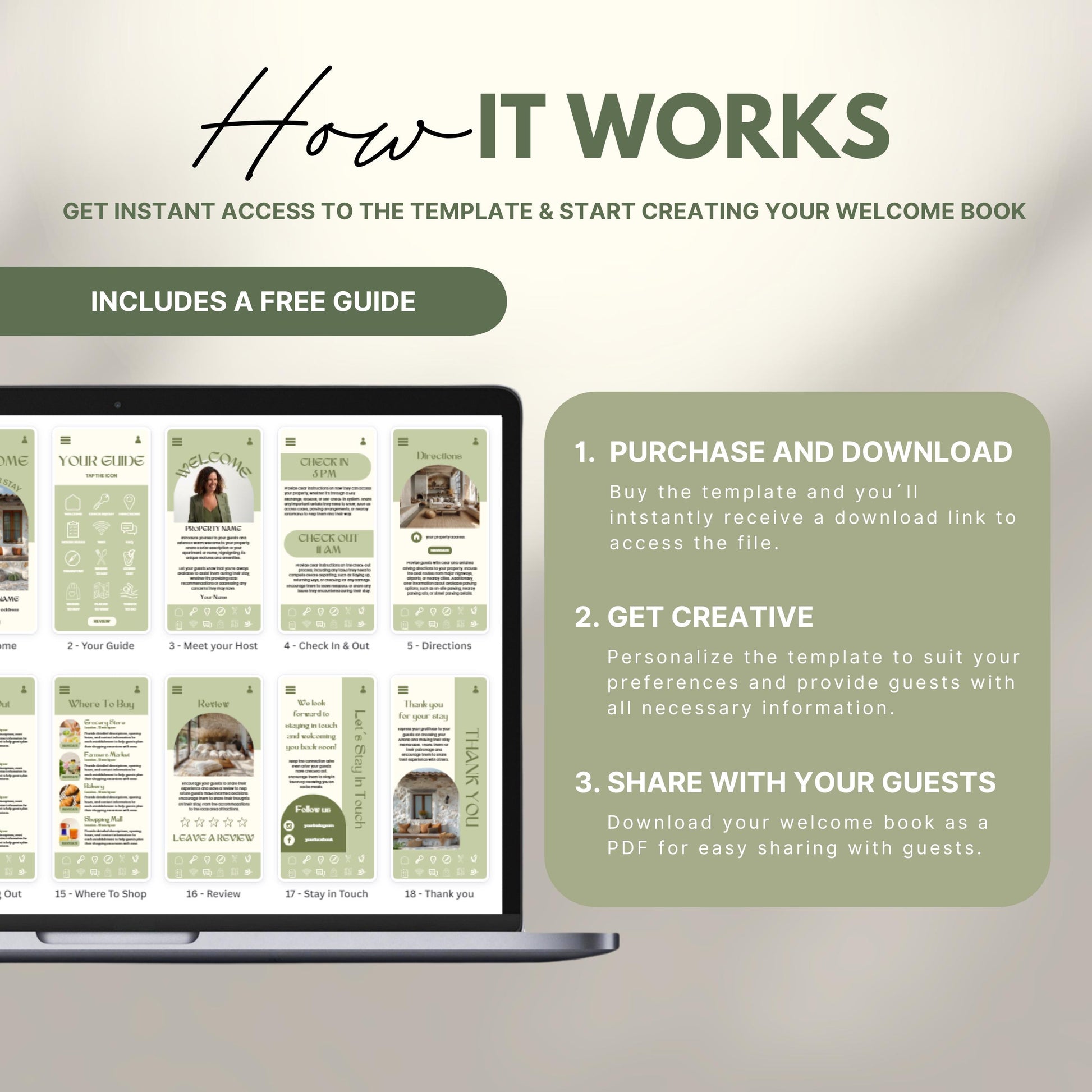 A promotional image explains how to use a digital Airbnb welcome book template. The text reads "How It Works" with a subheading, "Get instant access to the template & start creating your welcome book." A laptop displays thumbnails of different template pages. Three steps are highlighted in a peach-colored box: 1) Purchase and download, 2) Get creative by personalizing, and 3) Share with your guests as a PDF.