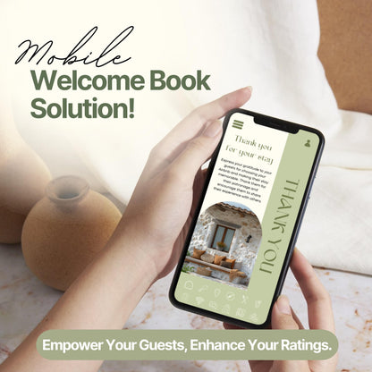 A person holds a smartphone displaying a digital Airbnb welcome book page with a "Thank You" message and a photo of a cozy outdoor seating area. The screen features an easy-to-navigate menu bar at the bottom with icons for various guest resources.