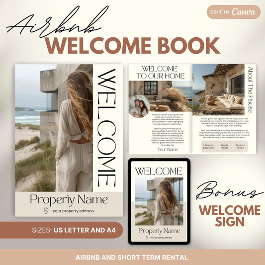 Promotional image for an "Airbnb Welcome Book" editable in Canva. A tablet and print view are shown for flexibility. The text highlights that the templates are available in US Letter and A4 sizes and include a bonus welcome sign. Ideal for Airbnb and short-term rental hosts.