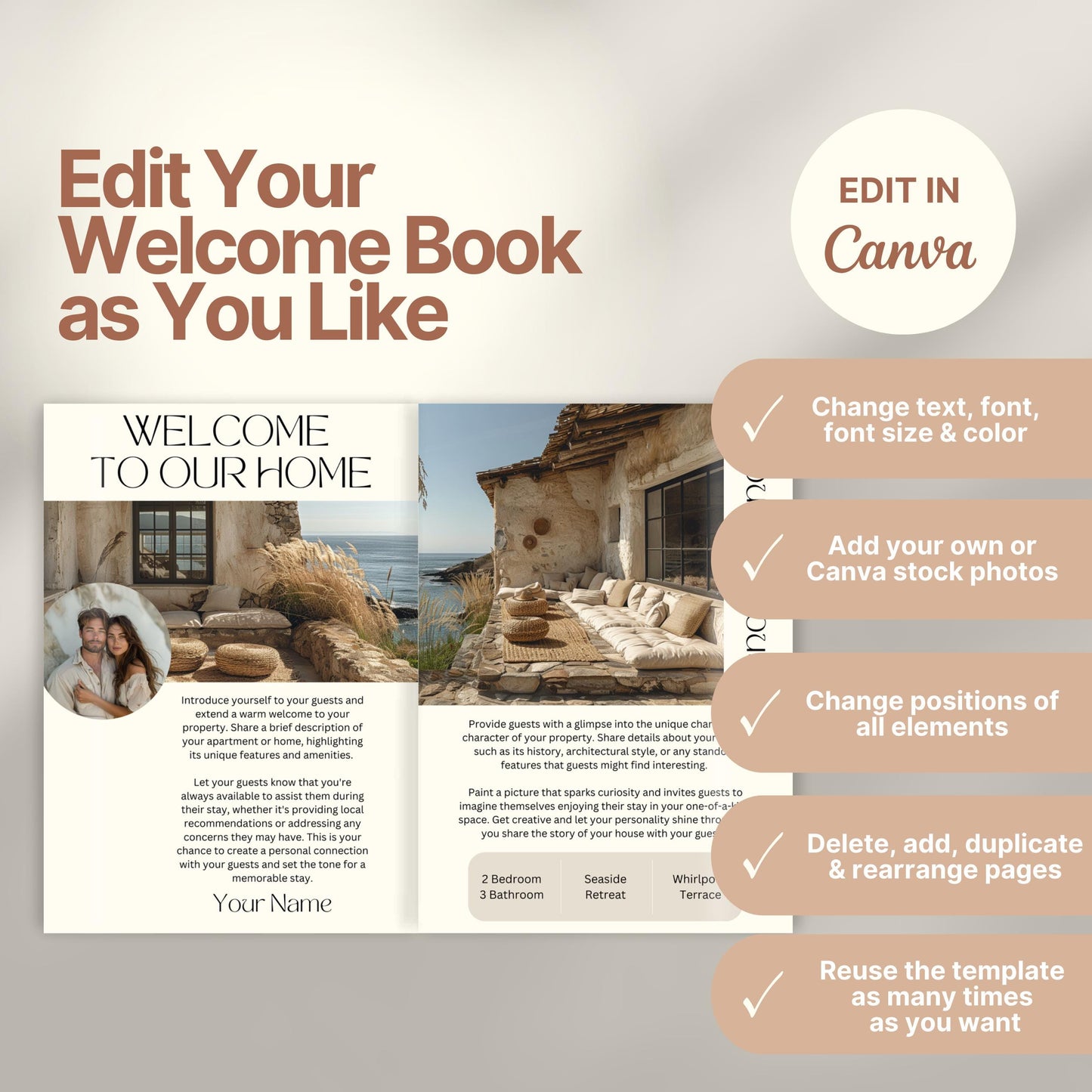 Editable Airbnb host welcome guide template, featuring welcome messages, house description, and host introduction. Includes checklist of customizable elements such as text, photos, layout, and links, all editable in Canva.