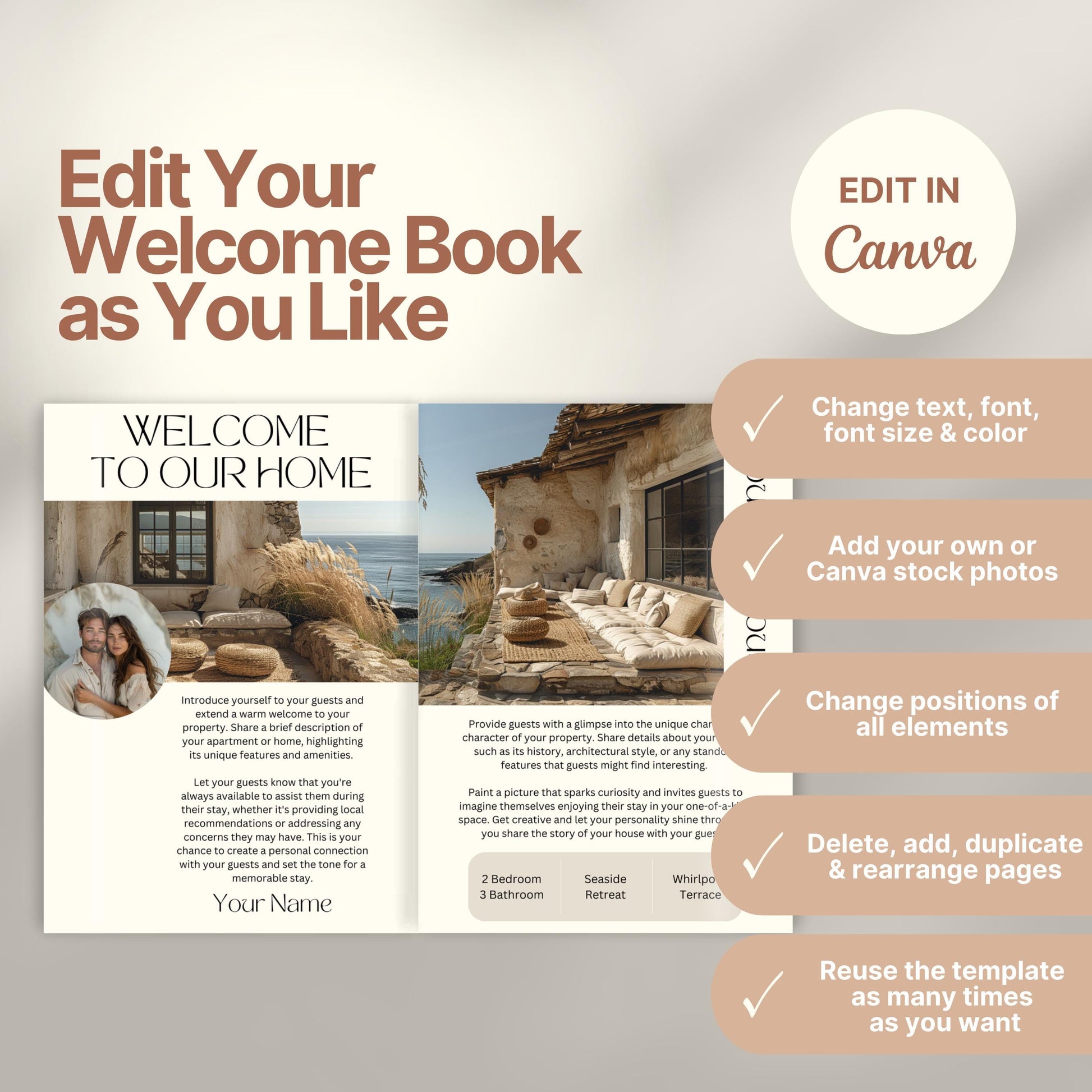 Editable Airbnb host welcome guide template, featuring welcome messages, house description, and host introduction. Includes checklist of customizable elements such as text, photos, layout, and links, all editable in Canva.