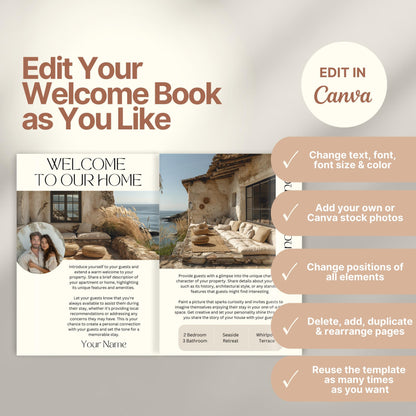 Editable Airbnb host welcome guide template, featuring welcome messages, house description, and host introduction. Includes checklist of customizable elements such as text, photos, layout, and links, all editable in Canva.