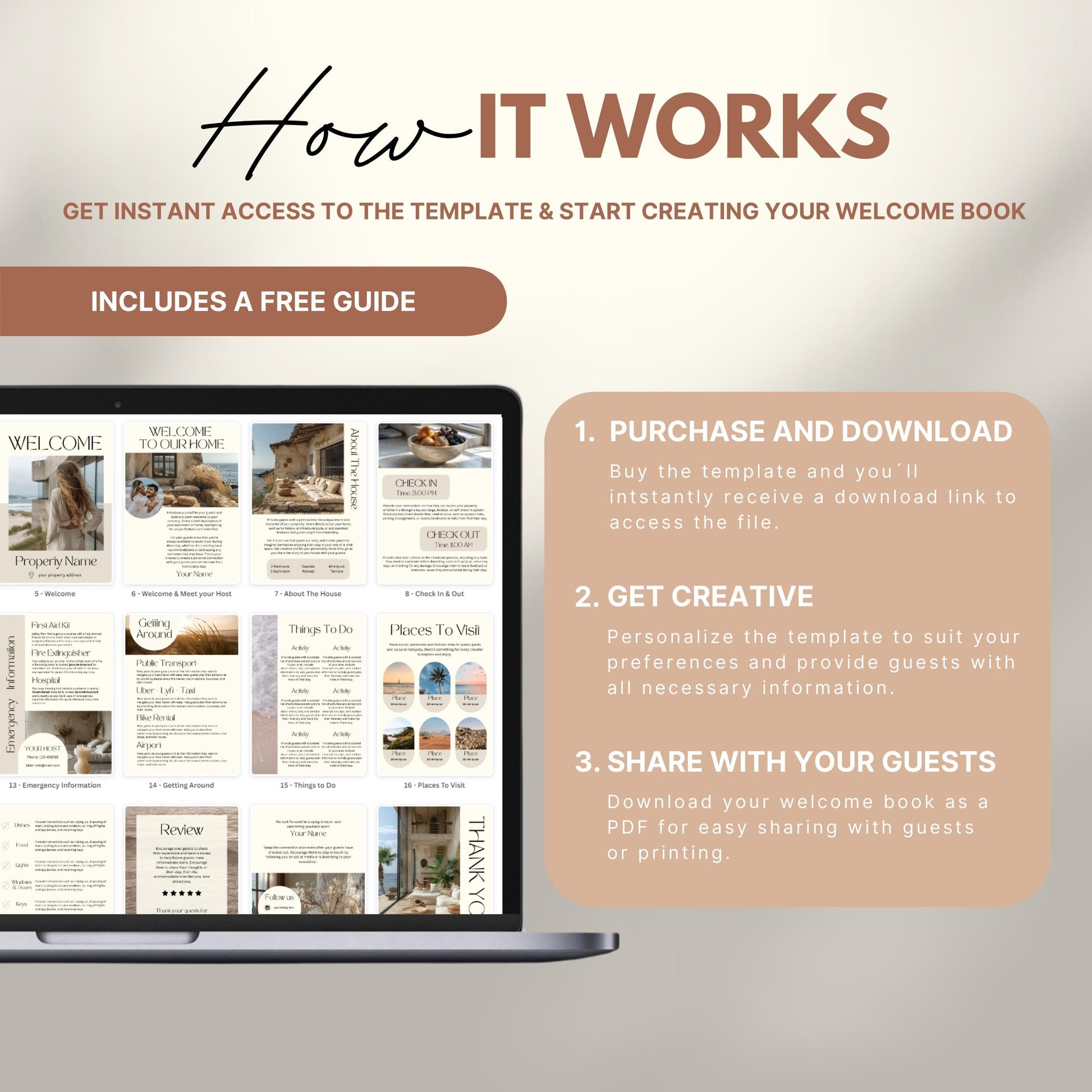 A promotional image explains how to use a digital Airbnb welcome book template. The text reads "How It Works" with a subheading, "Get instant access to the template & start creating your welcome book." A laptop displays thumbnails of different template pages. Three steps are highlighted in a peach-colored box: 1) Purchase and download, 2) Get creative by personalizing, and 3) Share with your guests as a PDF.