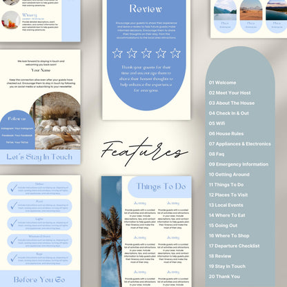 A promotional layout for a Airbnb Welcome Book template. The image displays various page samples including sections like “Review,” “Things To Do,” “Let’s Stay In Touch,” and “Before You Go.”