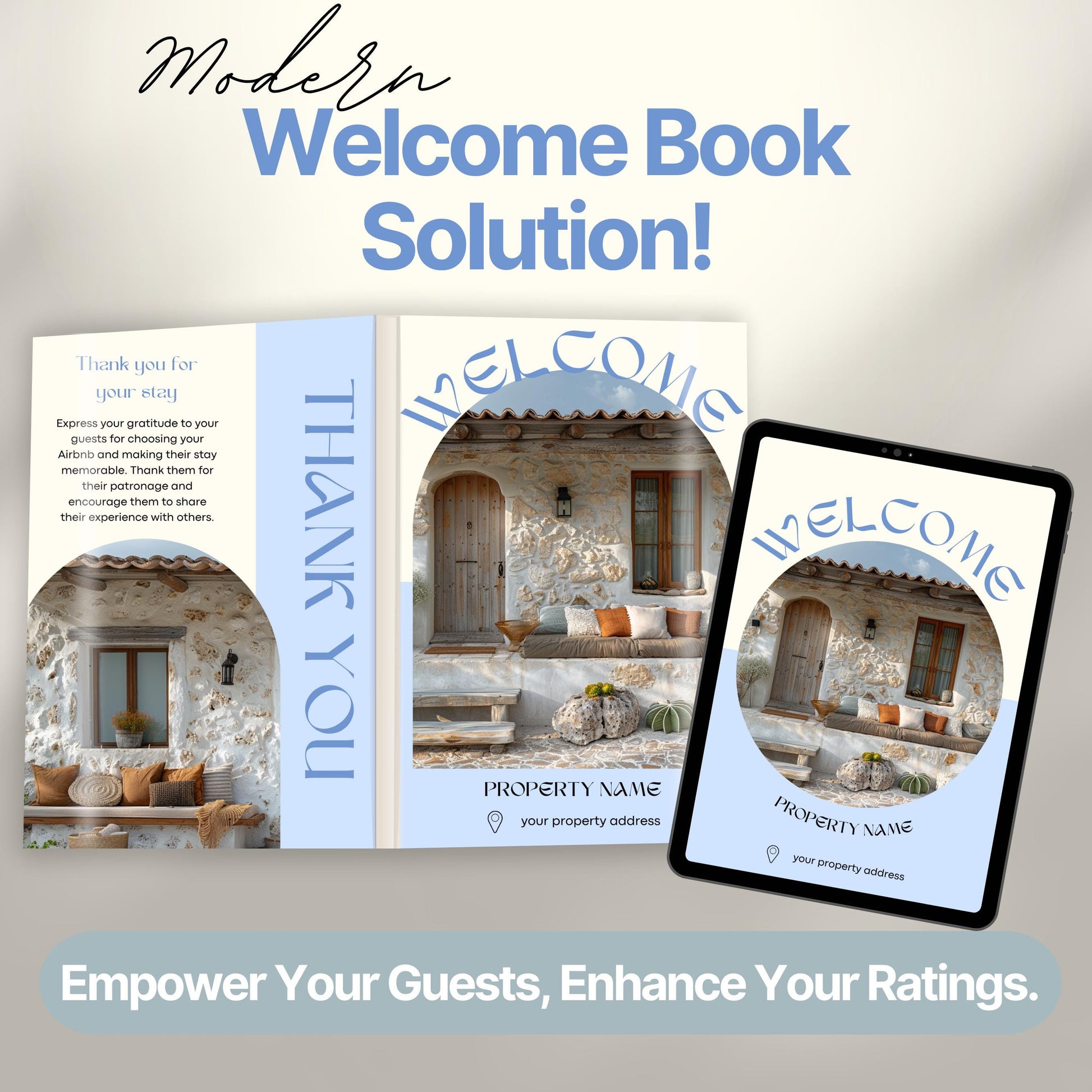 Promotional graphic showcasing a modern Airbnb welcome book solution. The image features a printed welcome book opened.