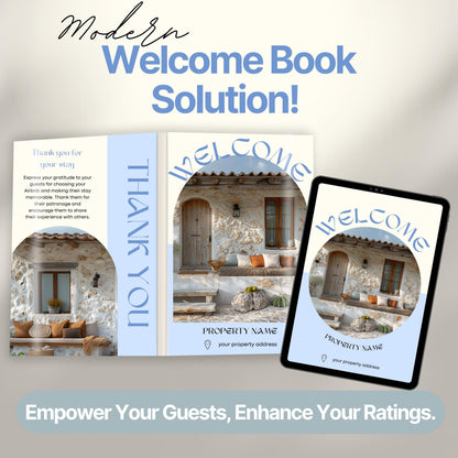Promotional graphic showcasing a modern Airbnb welcome book solution. The image features a printed welcome book opened.