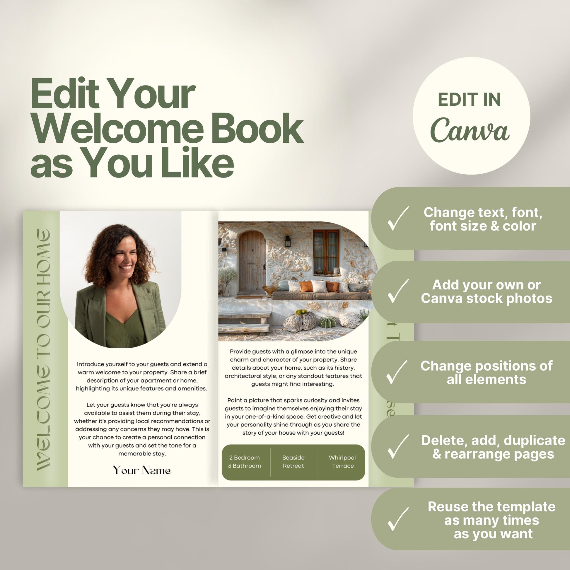 Editable Airbnb host welcome guide template, featuring welcome messages, house description, and host introduction. Includes checklist of customizable elements such as text, photos, layout, and links, all editable in Canva.